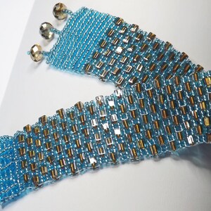 Hand bead woven Blue and Bronze bracelet, silver lined aqua seed beads and bronze lined aqua square beads, Swarovski crystal closure image 2