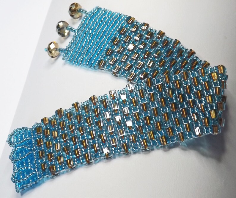 Hand bead woven Blue and Bronze bracelet, silver lined aqua seed beads and bronze lined aqua square beads, Swarovski crystal closure image 2