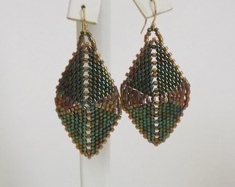 Beadwoven Earrings  -  3D Diamond shaped Green and Bronze Bead woven Earrings - Anniversary Gift - Hand Beaded Earrings - Statement Earrings