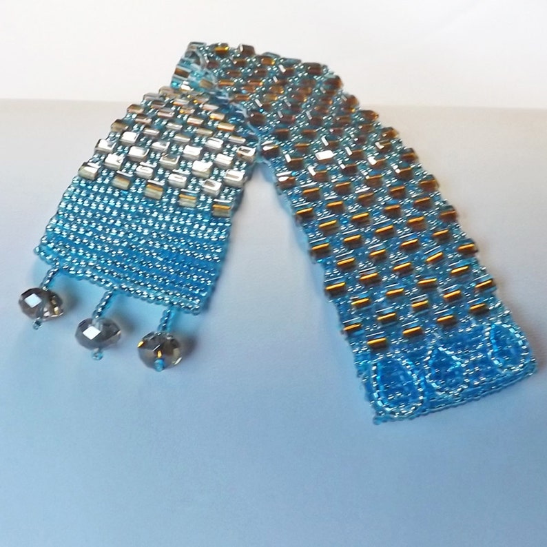 Hand bead woven Blue and Bronze bracelet, silver lined aqua seed beads and bronze lined aqua square beads, Swarovski crystal closure image 3
