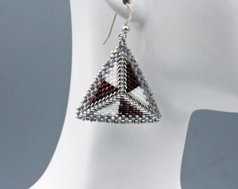 Beadwoven earrings Maroon, White, and Silver Triangle Shaped earrings with Sterling silver ear wires - Gift for her - Anniversary Gift