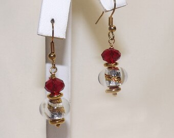 Gold earrings with dark red crystals, gold and red foiled glass beads, and gold accents, gift for woman, red earrings