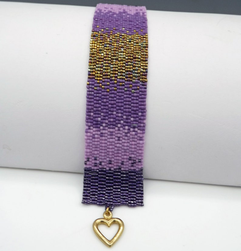 Purple Ombre Gradient and Gold Iris bracelet beaded bracelet Gift for her Anniversary Gift 3 drop Peyote Stitch bead woven bracelet image 7