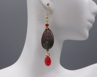 Long Dangle Earrings, drop earrings, bloodstone and Crystal Earrings, Gift for her, Anniversary Gift, Gemstone Earrngs, red and free