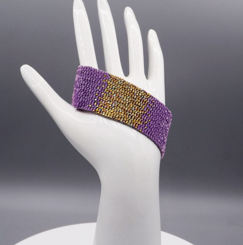 Purple Ombre Gradient and Gold Iris bracelet beaded bracelet Gift for her Anniversary Gift 3 drop Peyote Stitch bead woven bracelet image 8