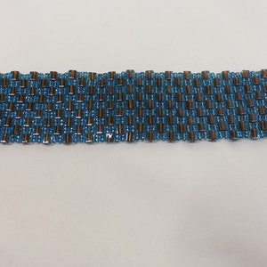 Hand bead woven Blue and Bronze bracelet, silver lined aqua seed beads and bronze lined aqua square beads, Swarovski crystal closure image 6