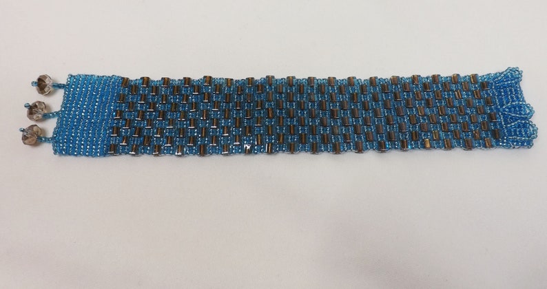 Hand bead woven Blue and Bronze bracelet, silver lined aqua seed beads and bronze lined aqua square beads, Swarovski crystal closure image 6