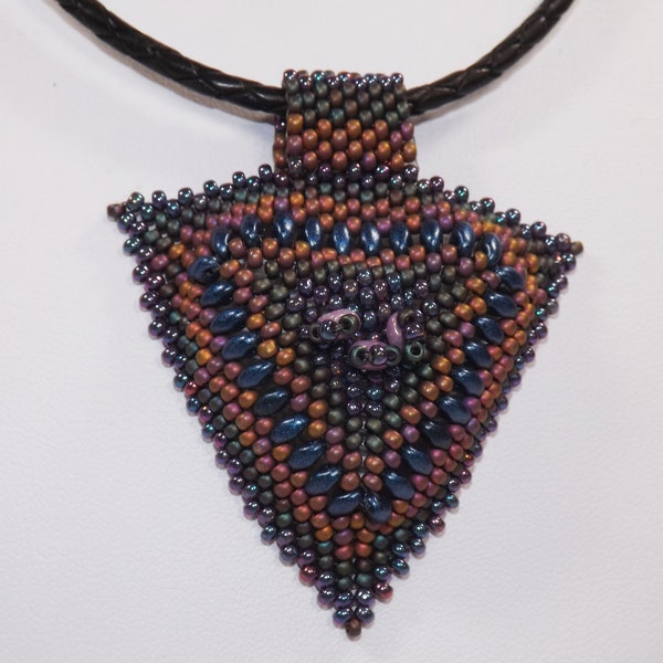 Handcrafted triangle shaped pendant - 3-D triangle pendant - maroon and blue peyote stitched pendant with black braided leather neckstrap