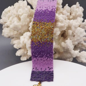 Purple Ombre Gradient and Gold Iris bracelet beaded bracelet Gift for her Anniversary Gift 3 drop Peyote Stitch bead woven bracelet image 9