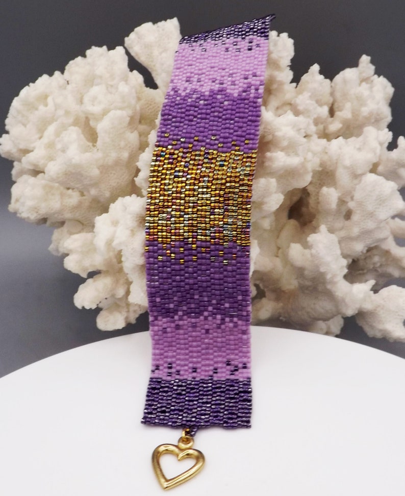 Purple Ombre Gradient and Gold Iris bracelet beaded bracelet Gift for her Anniversary Gift 3 drop Peyote Stitch bead woven bracelet image 9