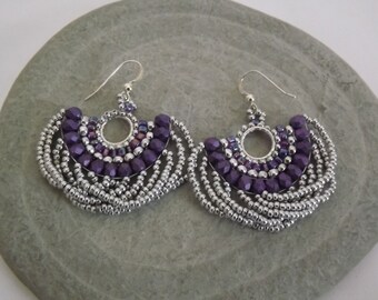 Half Hoop Earrings, choice of dark blue or purple (with silver) Earrings, hand beaded, Statement Earrings, Seed Bead Earrings