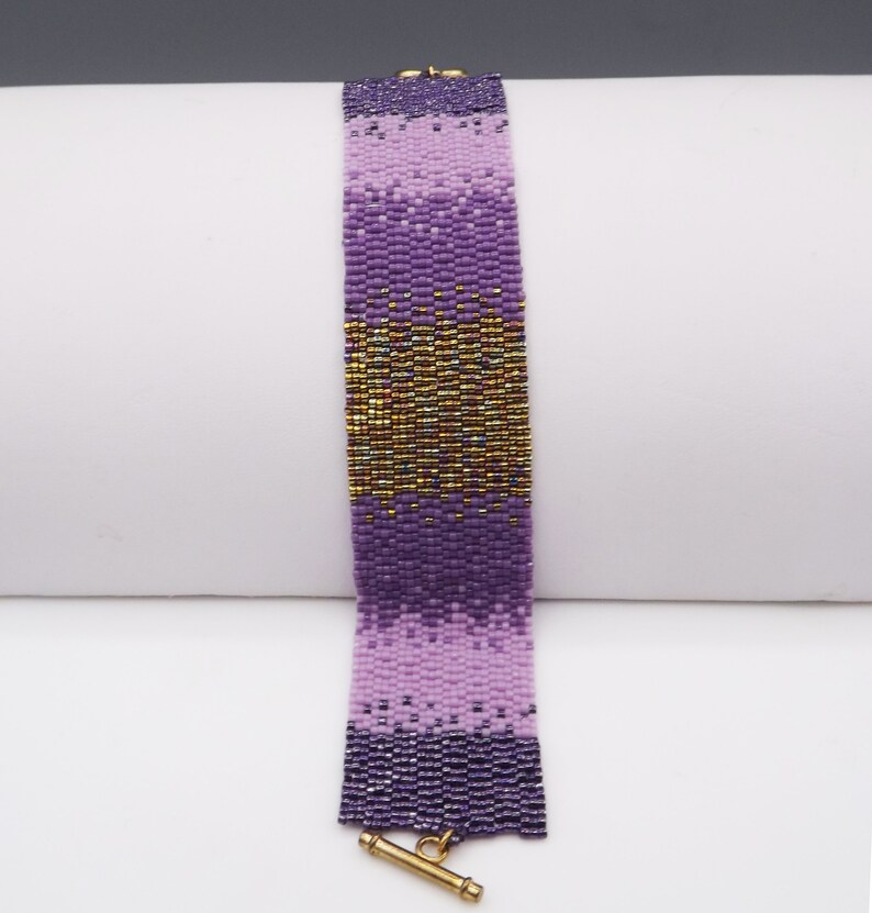 Purple Ombre Gradient and Gold Iris bracelet beaded bracelet Gift for her Anniversary Gift 3 drop Peyote Stitch bead woven bracelet image 6