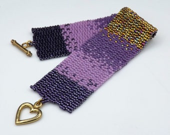 Purple Ombre Gradient and Gold Iris bracelet - beaded bracelet - Gift for her - Anniversary Gift - 3 drop Peyote Stitch bead woven bracelet