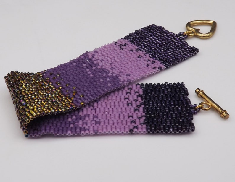Purple Ombre Gradient and Gold Iris bracelet beaded bracelet Gift for her Anniversary Gift 3 drop Peyote Stitch bead woven bracelet image 3