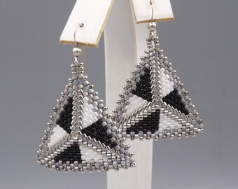 Black and White Triangle earrings with silver trim - gift for her - beadwoven earrings - seed bead earrings - Anniversary gift