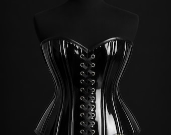 Corset overbust PVC, désossés en acier, lacets et style busc, serre-taille gothique steampunk, bustier haut CORSET