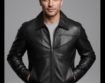 Blouson Harrington homme noir en cuir d'agneau fait main - Coupe classique
