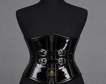 Corset serre-taille en PVC – Baleines en acier, style gothique steampunk, boucle à fermeture éclair, ceinture sous-poitrine