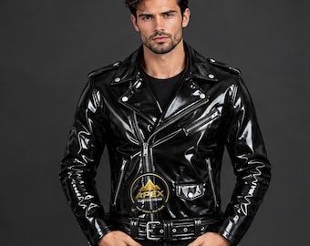 Veste de motard pour homme en PVC brillant, style gothique punk rock effet mouillé