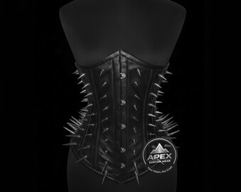 Corset noir en cuir véritable avec pointes - Bustier punk gothique à la taille avec baleines en acier