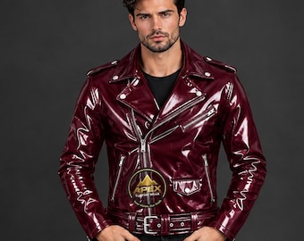 Veste de motard pour homme en PVC brillant | Veste de moto gothique punk effet mouillé