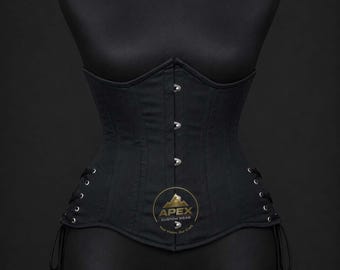 Corset sous-poitrine en sergé de coton à baleines en acier, style gothique steampunk, laçage latéral sur les hanches