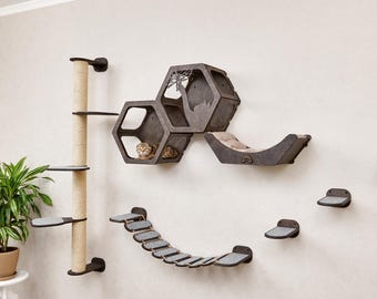 Dark wood cat furniture set: wall mounted cat furniture - three cat shelves, wall cat bed, three cat wall steps, modern cat furniture