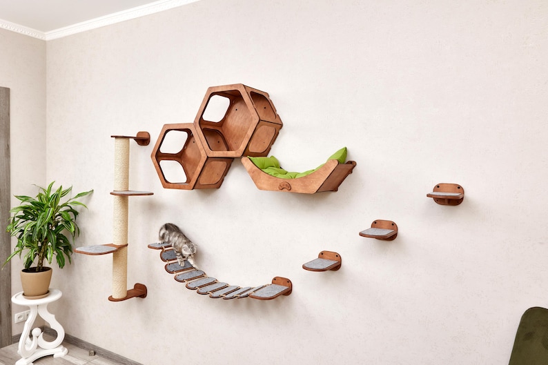 Puede incluir: Una estructura de escalada para gatos montada en la pared con plataformas de madera, un puente y un rascador. Incluye una estanter&iacute;a hexagonal y una cama con un coj&iacute;n verde. Un gato gris y blanco usa el puente.