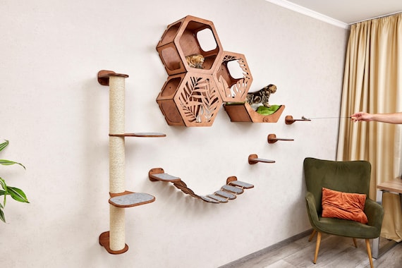 Cat wall climbing furniture set: modern cat wall furniture - cat wall shelves, wall mounted cat bed, cat steps for wall, cat wall perch