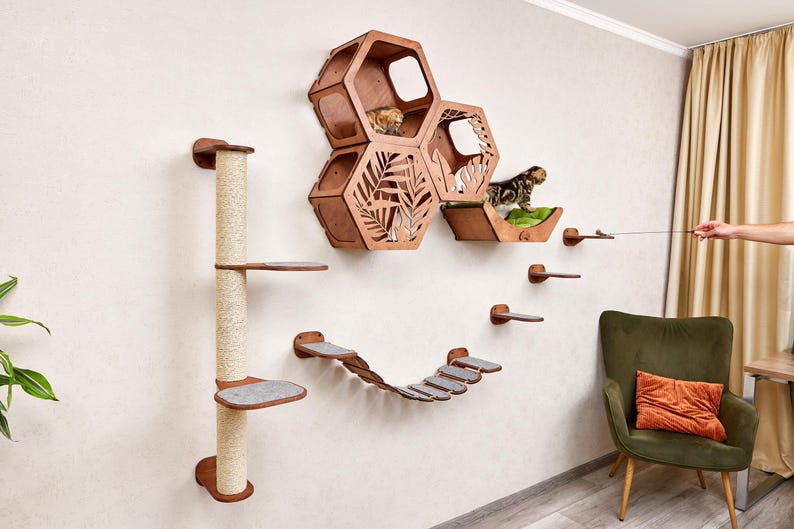 Cat wall climbing furniture set: modern cat wall furniture - cat wall shelves, wall mounted cat bed, cat steps for wall, cat wall perch