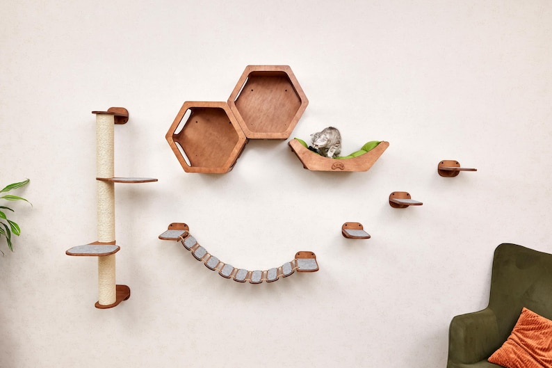 Modern cat climbing wall furniture: cat hexagon shelves, cat wall shelves, cat wall bed, three cat wall steps