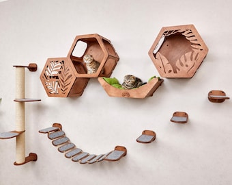 Moderno juego de muebles de pared para gatos: estantes hexagonales para gatos, cama de pared para gatos, escalones para gatos para pared, rascador de pared para gatos, puente de pared para gatos