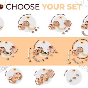 Puede incluir: Un anuncio de juegos de muebles para gatos. La imagen muestra varias configuraciones de camas para gatos, escaleras y postes rascadores, con el texto "CHOOSE YOUR SET" en la parte superior. Los juegos se muestran en arreglos circulares, cada juego etiquetado con un n&uacute;mero.