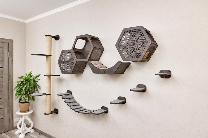Cat wall shelves set: cat hexagon shelves with decorative panels, modern cat wall bed, cat wall mount steps, cat wall bridge