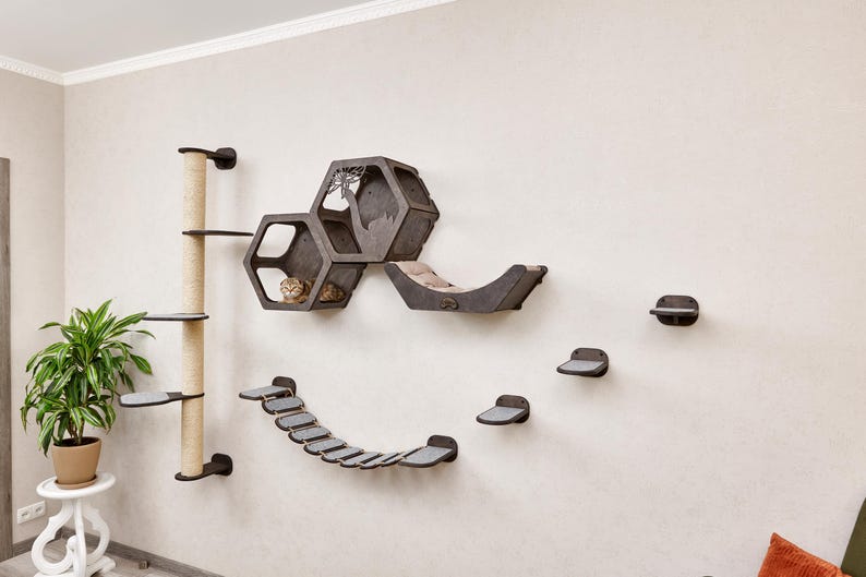 Dark wood cat furniture set: wall mounted cat furniture - three cat shelves, wall cat bed, three cat wall steps, modern cat furniture