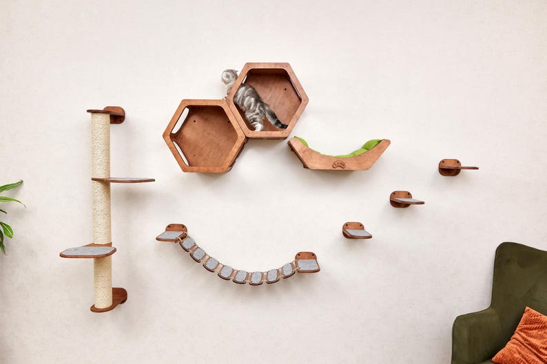 Puede incluir: Un conjunto de muebles para gatos montado en la pared que incluye un rascador, casas para gatos hexagonales, un puente y escalones. El conjunto es de madera con detalles en gris y verde. Un gato atigrado gris explora las casas.