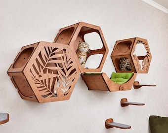 Conjunto de prateleiras de parede para gatos: árvore para gatos de parede, prateleiras hexagonais para gatos, cama de parede para gatos, degraus de parede para gatos, arranhador de parede para gatos e ponte suspensa para gatos.