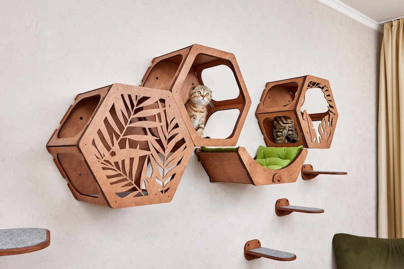 Cat wall shelves set: wall cat tree, cat hexagon shelves, wall mounted cat bed, cat steps for wall, cat wall scratcher cat suspension bridge