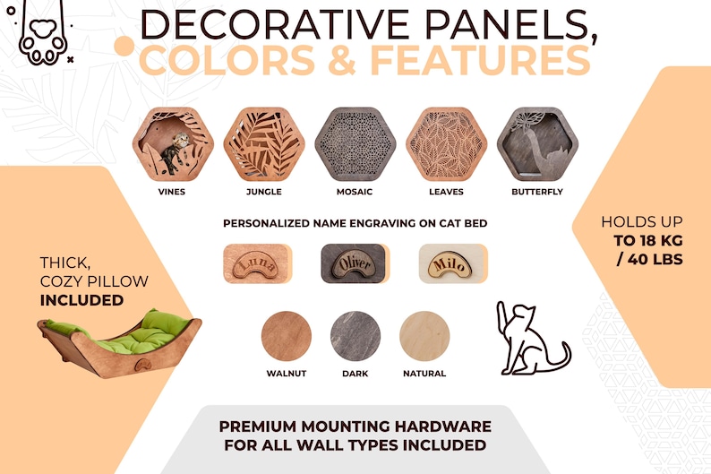 Puede incluir: Imagen de paneles decorativos para camas de gato con dise&ntilde;os de vid, selva, mosaico, hojas y mariposa. Incluye grabado de nombre personalizado y una almohada acogedora. Soporta hasta 18 kg.