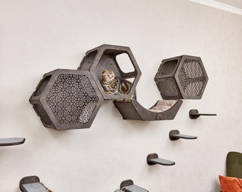 May include: A modern cat furniture set featuring dark gray hexagonal shelves and a curved bed. The set includes a cat lounging in one of the shelves. Additional wall-mounted steps and a cat tree are also visible.