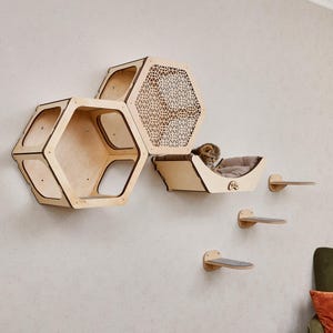 Puede incluir: Un juego de muebles para gatos montado en la pared con acabado de madera natural. El juego incluye tres estantes hexagonales, una cama para gatos y tres peque&ntilde;os escalones. Un gato descansa en la cama. Los muebles est&aacute;n montados en una pared gris claro.