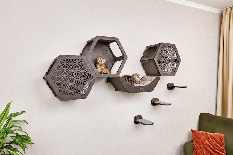 Puede incluir: Un conjunto de muebles para gatos montado en la pared con un dise&ntilde;o moderno. El conjunto incluye tres casas hexagonales para gatos y tres estantes escalonados, todos en un acabado gris oscuro. Dos gatos descansan dentro de las casas.