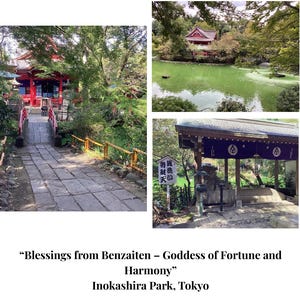Op de afbeelding: Een schilderachtig uitzicht op Inokashira Park in Tokio, met traditionele Japanse architectuur. De afbeelding toont een rode brug, stenen paden en een serene vijver. Tekst luidt: "Zegeningen van Benzaiten - Godin van Fortuin en Harmonie."