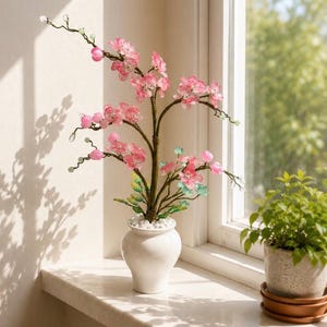 Könnte beinhalten: Eine dekorative Baumskulptur mit durchscheinenden rosa und grünen Blüten an dünnen, dunkelbraunen Drahtzweigen. Der Baum steht in einer kleinen, glatten weißen Keramikvase, die an der Basis mit weißen Kieselsteinen gefüllt ist.