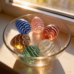Handgjorda påskägg i glas, färgglad konstgjord äggdekoration i glas, påskkorg med glasägg, vårdekoration på bordet, påskgåva
