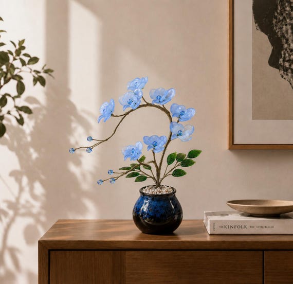 Blue Orchid Glass Flower Plant, Handmade Glass Flower Arrangement, Forever Flower Decor, Unique Home Decor, Birthday Gift, Anniversary Gift