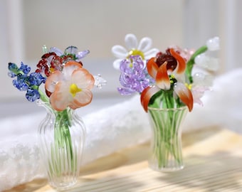 Handcrafted Glass Flower Bouquet, Mini Vase Decor, Home Gift Ornament