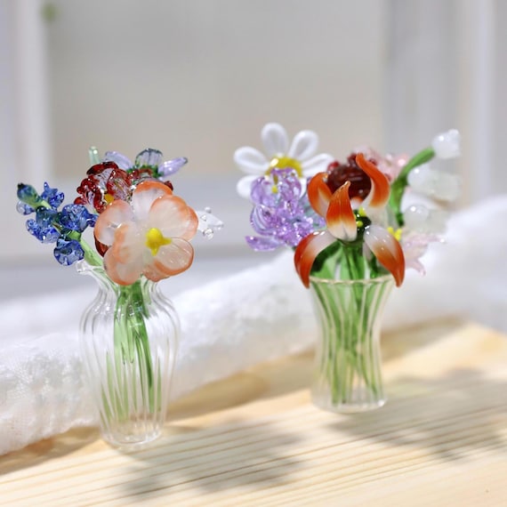 Handcrafted Glass Flower Bouquet, Mini Vase Decor, Home Gift Ornament