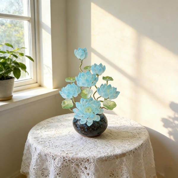 Blaues Glas Lotus Blumenarrangement, für immer Blumengeschenk für Sie, Muttertagsgeschenk, Housewarming Geschenk, Geburtstagsgeschenk, elegantes Wohndekor