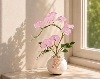 Orquídeas de vidro feitas à mão, flor rosa eterna, decoração, presente para avó, presente de aniversário, decoração para casa